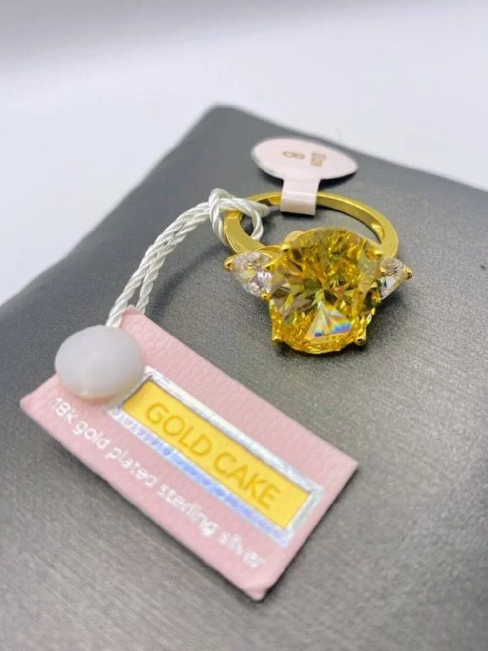 Gold Cake Ring Large Oval Canary Yellow CZ Crystal 925 Sterling Silver Size 8